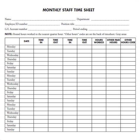 8 Best Printable Monthly Time Sheets Printableecom Printable Monthly