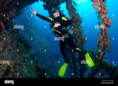 Red Sea Egypt Egypt 3rd Mar 2016 Male Scuba Diver Inside The Wreck