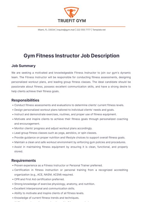 Gym Fitness Instructor Job Description Template - Edit Online