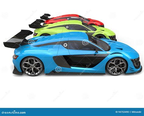 Blue Green And Red Awesome Super Cars Side View Stock Illustration