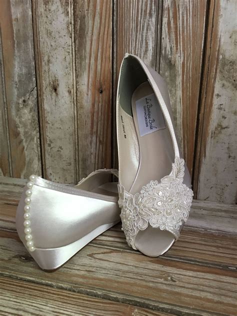 Open Toe Lace Beaded Low Wedge Satin And Lace Bridal Shoe Peep Etsy
