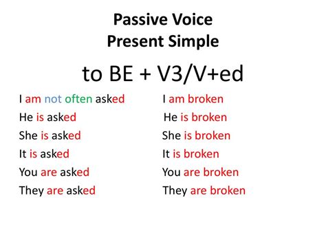 Object + am / is / are + verb3 (past participle) to form the simple present passive. Passive Voice Present Simple - презентация онлайн