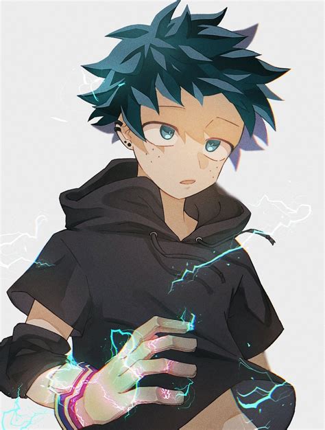 An Anime Character With Green Hair And Blue Eyes Holding His Hand Out
