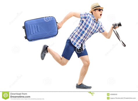 Male Tourist Rushing With His Baggage And Camera Stock Photo - Image of ...