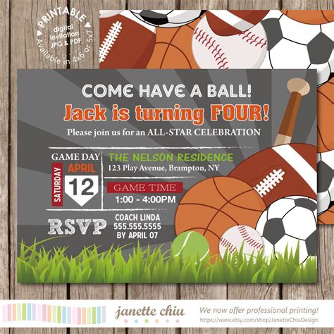 Sports Balls Boy Birthday Party Invitation Digital Printable Or Printed