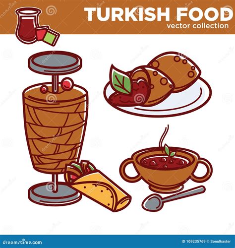 Turkish Food Cuisine Dishes Vector Flat Icons For Traditional Turkey