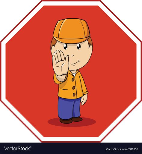 Cartoon Warning Sign Stop With Man In Orange Vector Image