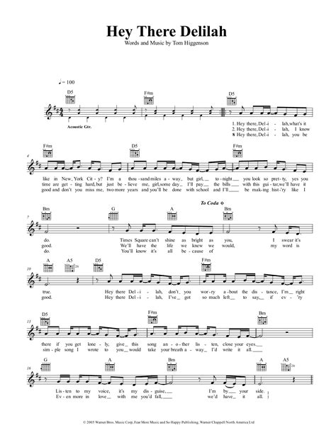 Plain White Ts Hey There Delilah Sheet Music And Chords Printable