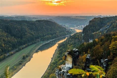 Sunset Over Elbe Valley In Saxon Switzerland National Park Stock Image
