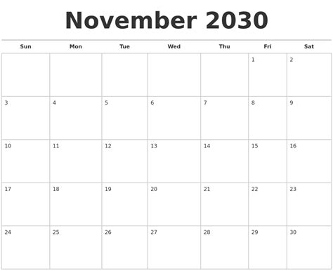 November 2030 Calendars Free