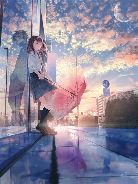 Anime Girls Umbrella Leaning Reflection Sky School Uniform Sousou