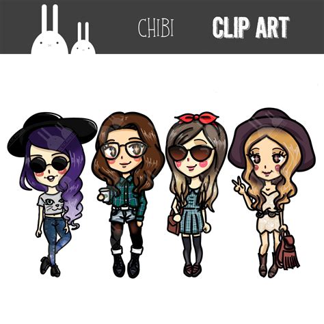Chibi Hipster Girls Clip Art Set Commercial And Personal Use