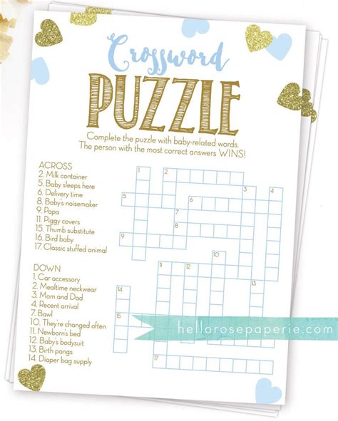 Baby Shower Crossword Puzzle Game Blue And Gold Printable Etsy