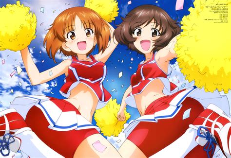 2girls akiyama yukari blush breasts brown eyes brown hair cheerleader clouds girls und panzer