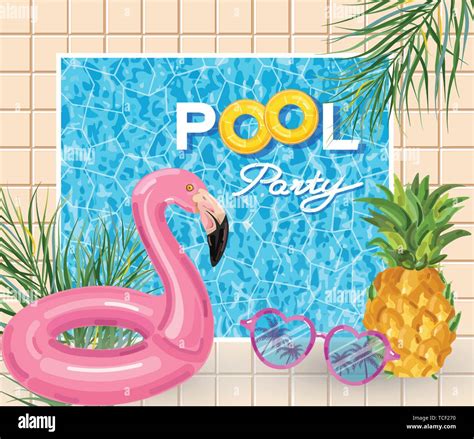 Summer Pool Party Poster With Flamingo Lifering Vector Summer Banner Blue Water Background