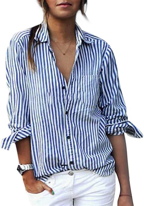 Skyblue Uk Womens Striped Blouse Casual Button Down Long Sleeve T Shirt