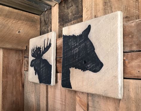 Bear And Moose Rustic Wood Set Hand Painted On Barnboard Etsy