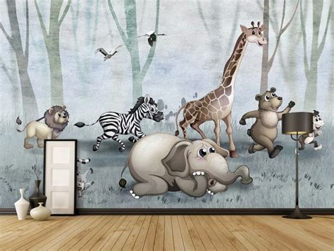 Cartoon Wild Animals And Forest Wallpaper Mural Nursery Wall Decor