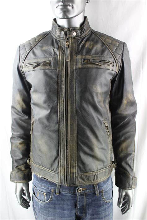Mens Vintage Leather Biker Jacket In Black Rub Off Radford Leather