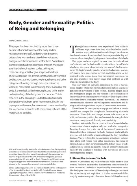 pdf body gender and sexuality politics of being and belonging