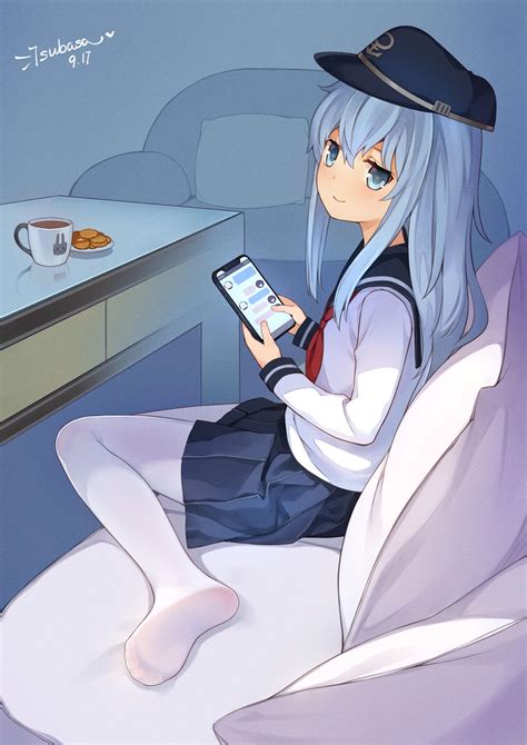 feet anime girls hat vertical hibiki kancolle kantai collection phone blue hair blue eyes pillow
