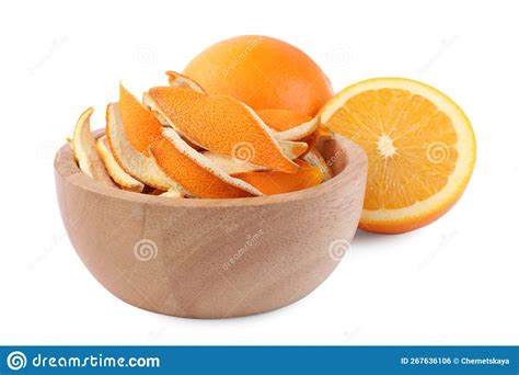 Bowl With Dry Orange Peels And Fresh Fruits Isolated On White Stock
