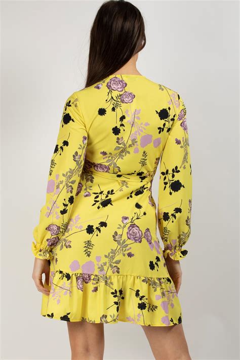 Yellow Floral Long Sleeve Wrap Dress Uk