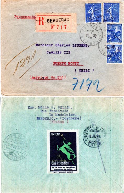 ¹nur online gültig vom 01.08. Frankreich 1929, 2x1 Fr.+2x50 C. auf Einschreiben Brief v. Bergerac n. Chile · Heiner Zinoni