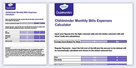 Childminder Monthly Bills Expenses Calculator Spreadsheet
