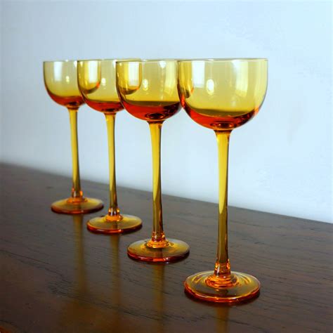 Tall Yellow Wine Glasses Vintage 1960s Modern Stemware Set