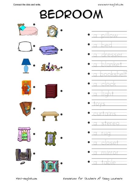 Connect The Dots And Write Bedroom Worksheet For Kindergarten 3rd