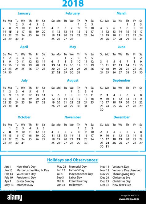 2018 Calendar Printable Holidays