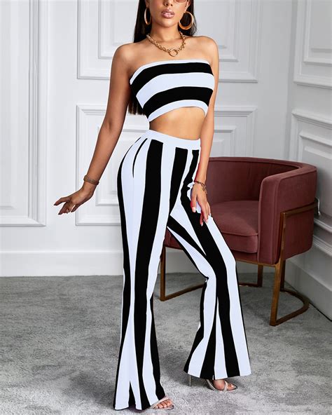 Striped Crop Top And Bell Bottom Pants Sets Online Discover Hottest Trend Fashion At