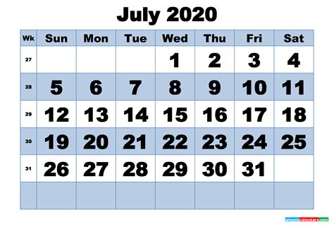 Download free printable pdf calendars and annual planners 2021, 2022 and 2023. Free Printable July 2020 Calendar with Week Numbers | Free ...