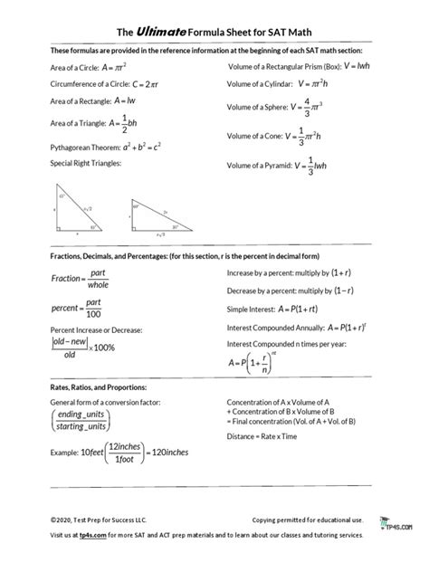 Formula Sheet For The Sat Maths Pdf Area Angle