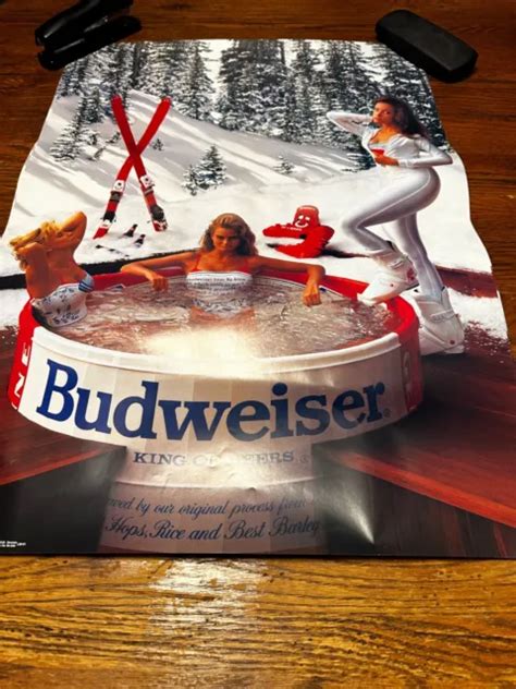 Vintage Original 1989 Budweiser Beer Poster 3 Sexy Girls Hot Tub Skiing
