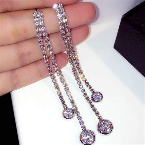 Sexy Exaggerated Long Tassel Rhinestone Dangle Earrings For Women Shiny Diamante Earrings