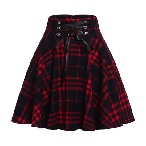 Kenicke Retro High Waist Gothic A Line Tartan Skirt Red Black Plaid