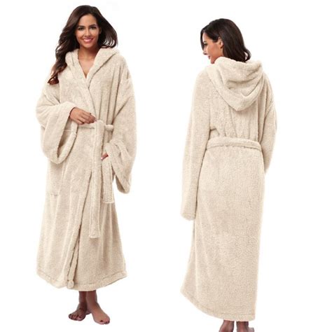 Womens Hooded Thick Robes Soft Coral Fleece Warm Long Bathrobe Plush Kimono Sleepwear Nightgown