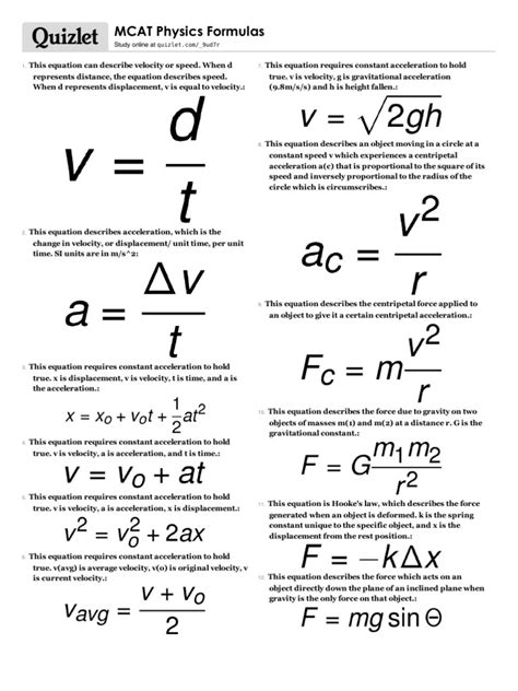 Mcat Physics Formulas Acceleration Force