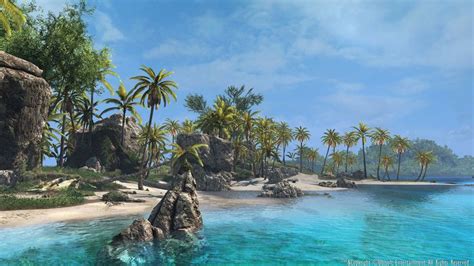 An Artist S Rendering Of A Tropical Island With Palm Trees And Rocks In