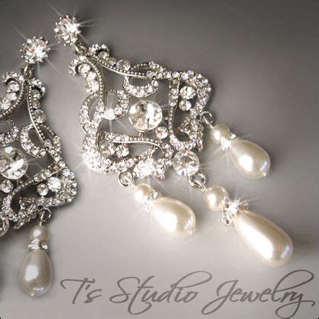 Long Pearl And Rhinestone Chandelier Bridal Wedding Earrings From
