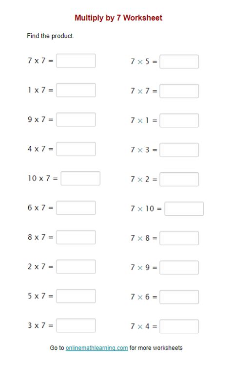 Multiply By 7 Worksheet Printable Online Answers