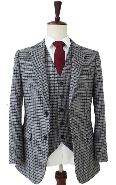 Grey Houndstooth Tweed 3 Piece Tweed Jacket Slim Fit Suits Cool Suits
