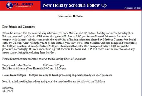 New Holiday Schedule Follow Up Rl Jones Customhouse Brokers Inc