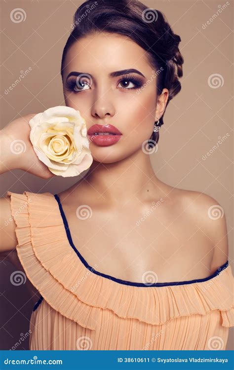 Portrait Of Beautiful Brunette Woman With Rose Stock Image Image Of