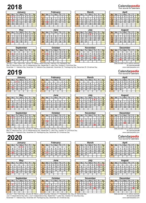2018 2020 Three Year Calendar Free Printable Pdf Templates