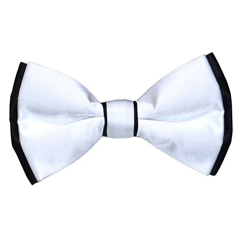 White Satin Bowtie With Black Trim On The Ends Of The Tie