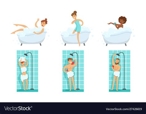 Young Men And Women Taking Shower And Bath In Vector Image