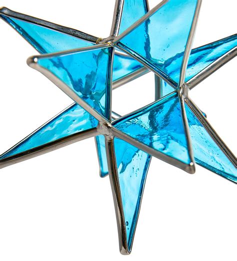 Stained Glass Moravian Star Ornament With Hanging Ribbon Blue Wind